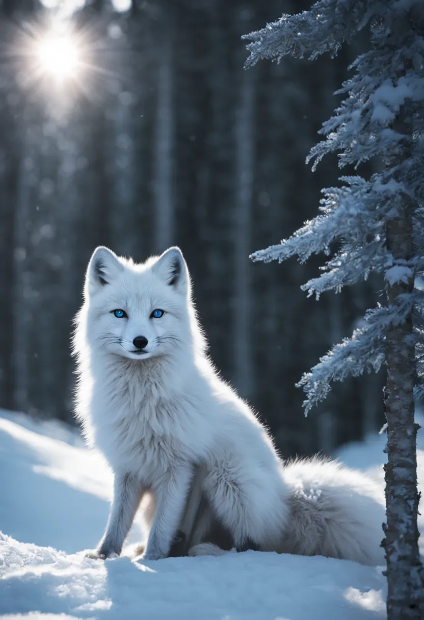 [(cold, snowy landscape:1.2) ::0.3], (masterwork:1.3), (arctic fox:1.2), thick white fur, fluffy tail, looking ahead, sitting, s...