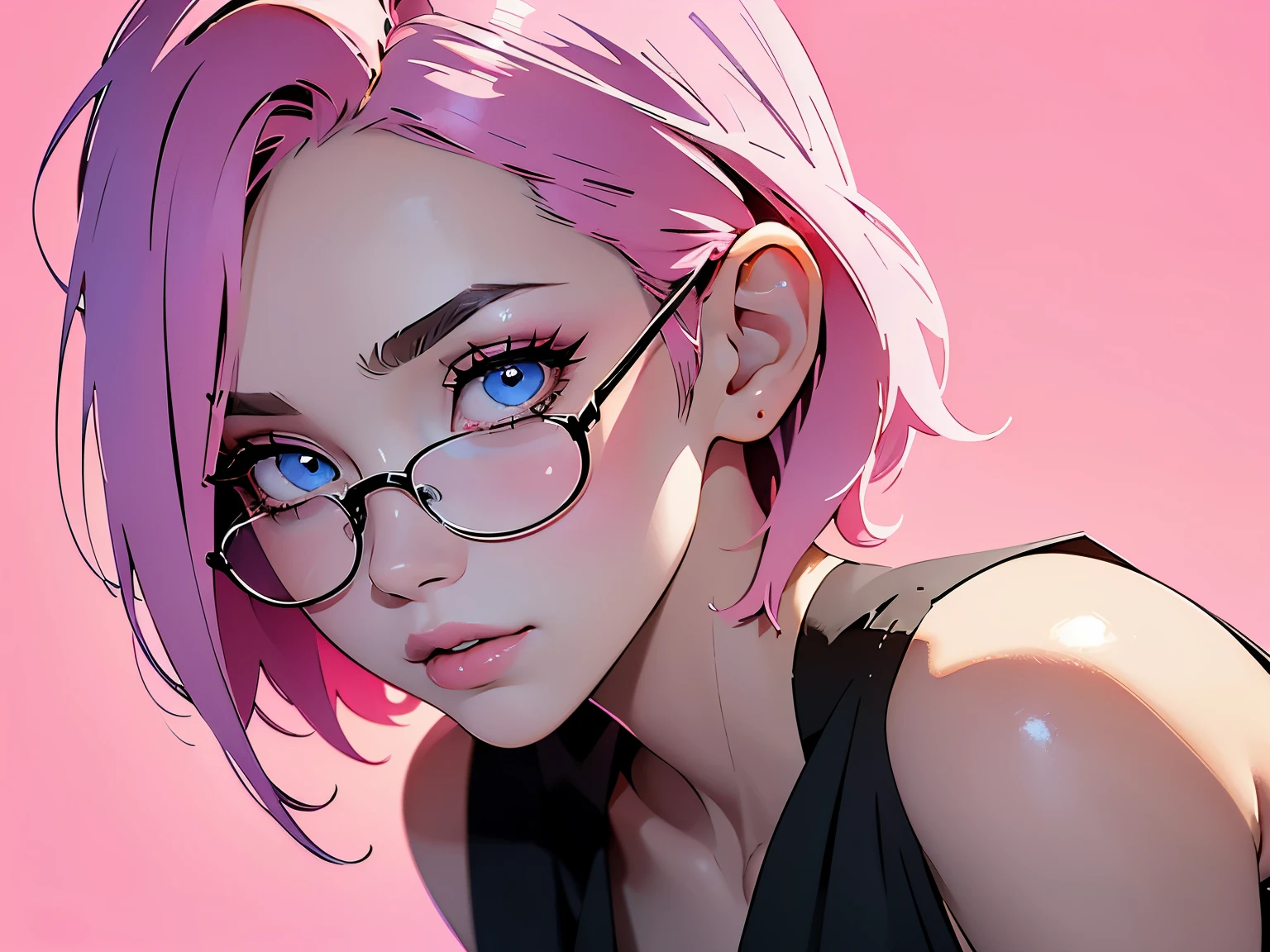 (masterpiece), best quality, beautiful woman, expressive eyes, perfect face,1 woman, 1 girl, young, pink hair, asymmetric short hair, blue eyes, pale skin, big breast, black dress, sleeveless, v neck, cleavage, glasses, pink lips, lashes, red makeup, looking happy, pink filter, pink light, simple background, soft light, strong linework, ((cel shaded style)), line art, simple background, modernism, natural style, neon, detailed iris, (first person point of view:1.3), anime