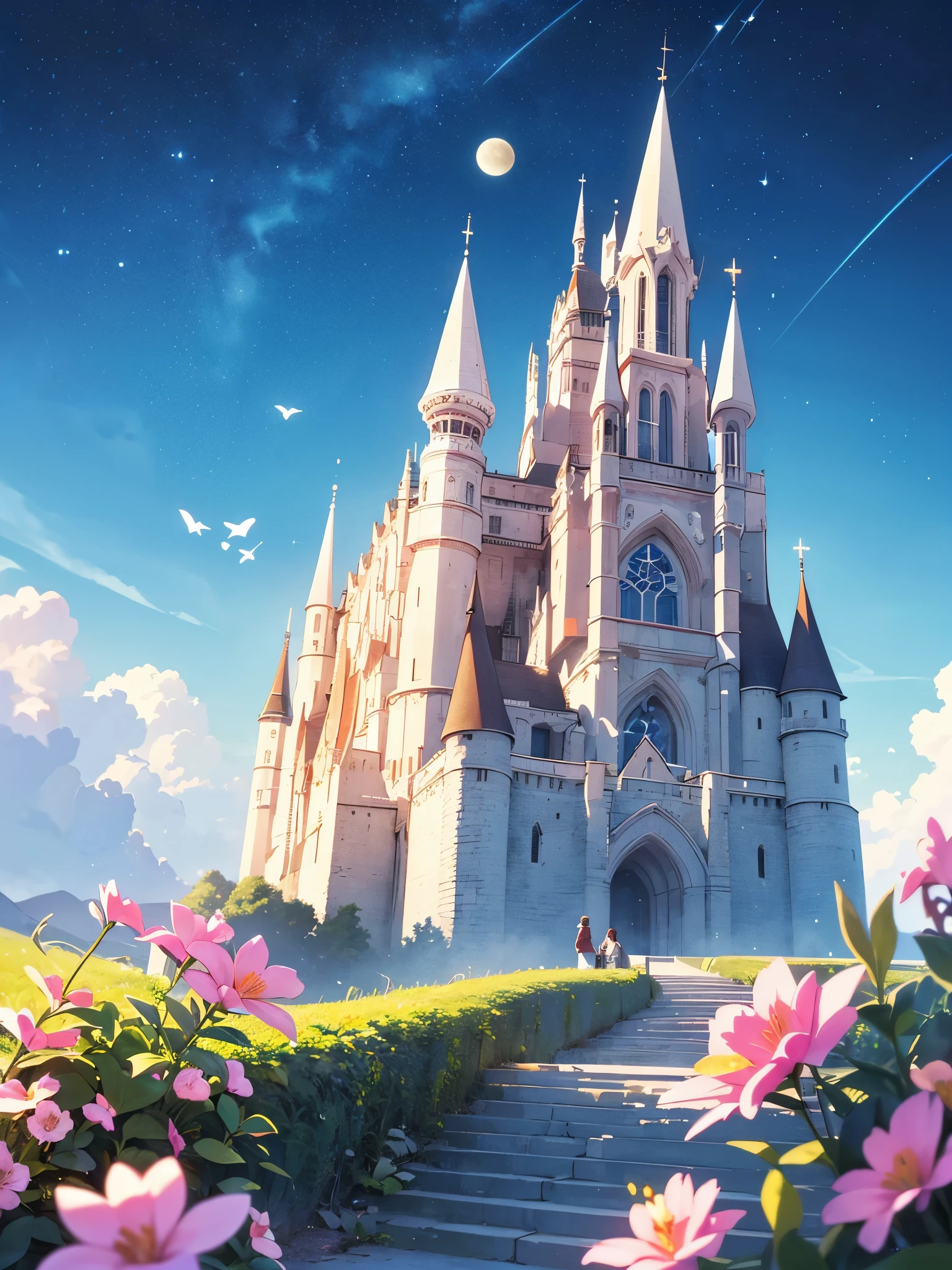 a wallpaper of Castles with Flowers, delicate scene, sky, White clouds, and sunlight shine on the snow-white beach. Birds, Pink flowers and bright large shells, diamond crystal, On the beach, fantasy, Night sky, Moon, Smoke, Fire, Photo, HD, 8K, hyper HD, Super detail, High quality, 1080p