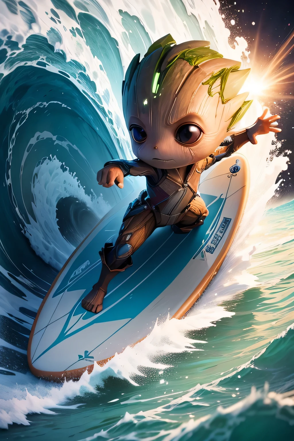 baby groot fro galaxy guardians surfing in a huge wave in a long board, insanely detailed, huge wave, surfing pose, realistic, in the morning
