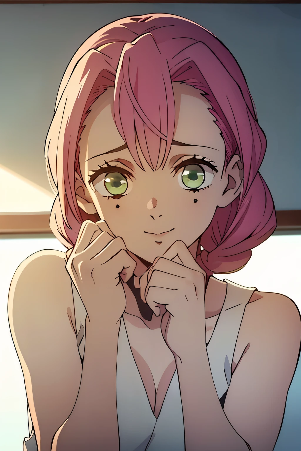 Anime girl with pink hair and green eyes looking at camera - SeaArt AI