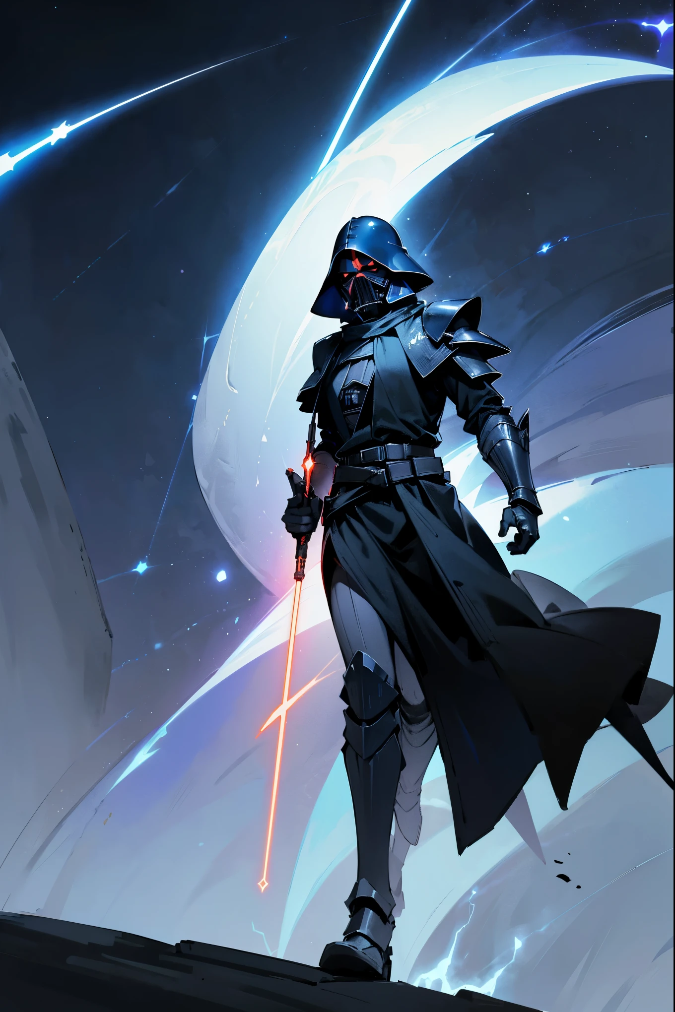 1male, sith clothing, dark star wars sith clothing, (dark sith heavy armor), (((blue lightning aura))), walking on path, star wars space background, star wars vader helmet