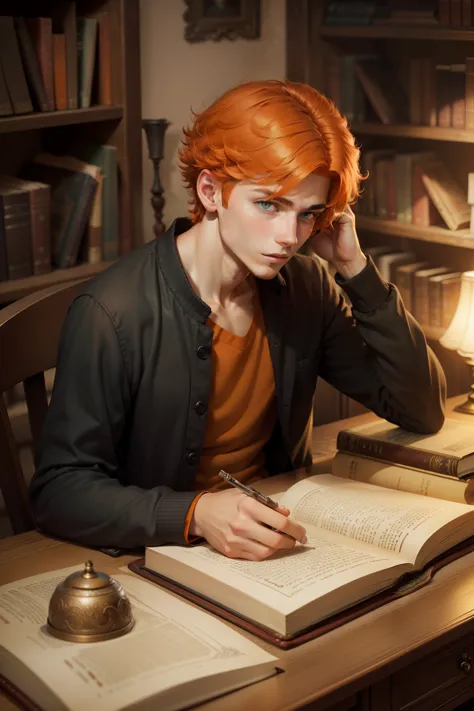 beautiful young man of 17 years old with orange hair and orange eyes is looking at the pages of an old book