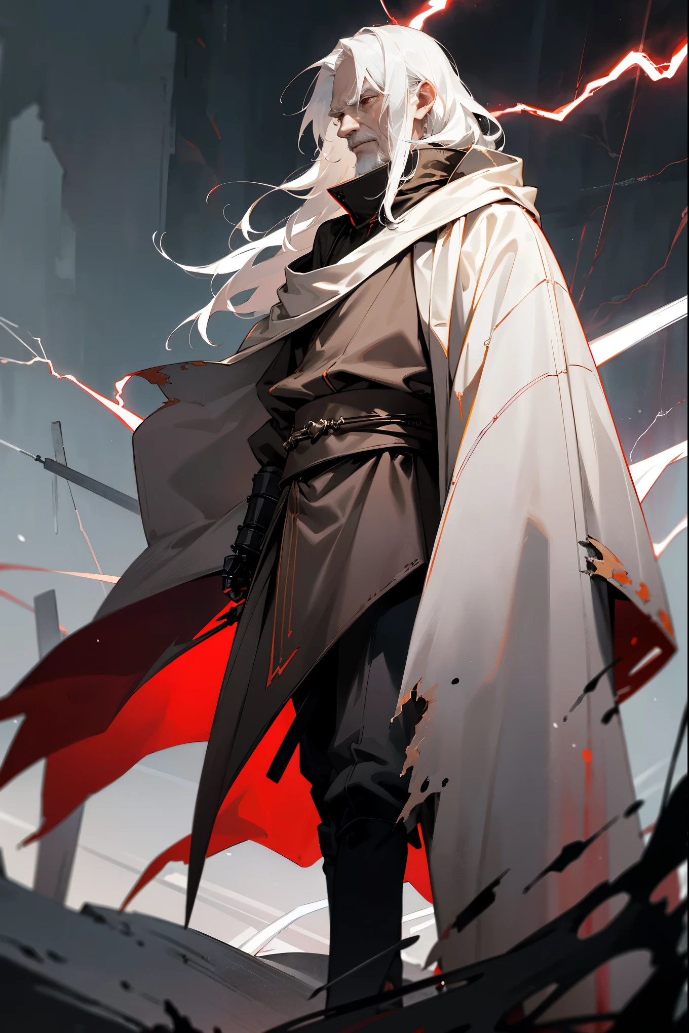 1male, white hair, messy medium length hair, ((old man)), pale skin, wrinkled skin, red eyes, sith clothing, dark clothing, armored clothing, dark cloak, battle background, warring background, walking on path, (((lightning aura)))