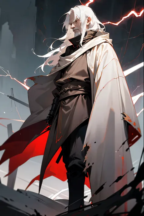 1male, white hair, messy medium length hair, ((old man)), pale skin, wrinkled skin, red eyes, sith clothing, dark clothing, armo...