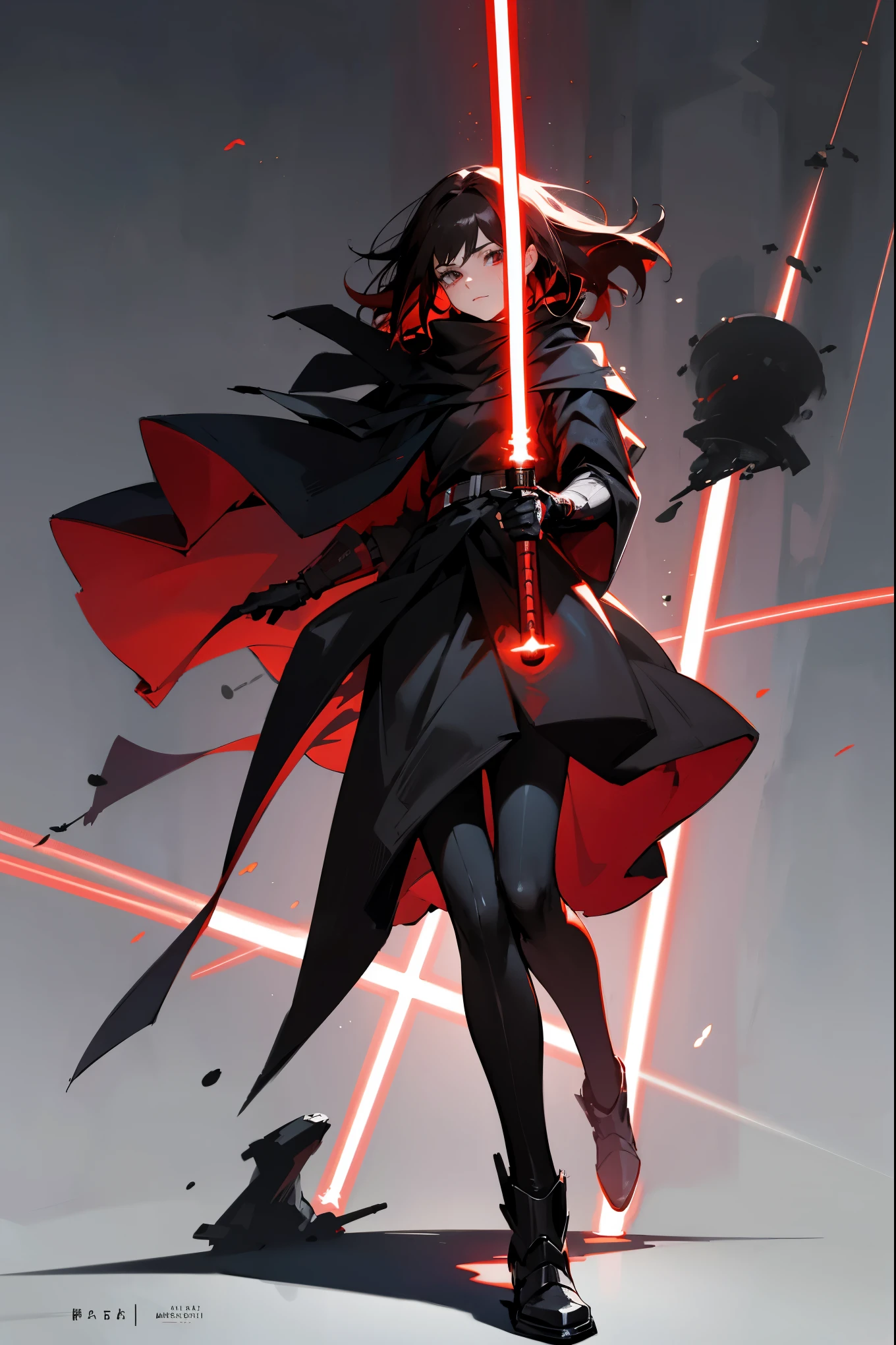 1female, messy dark hair, sith clothing, dark star wars sith clothing, dark cloak, star wars background, walking on path, red lightsaber