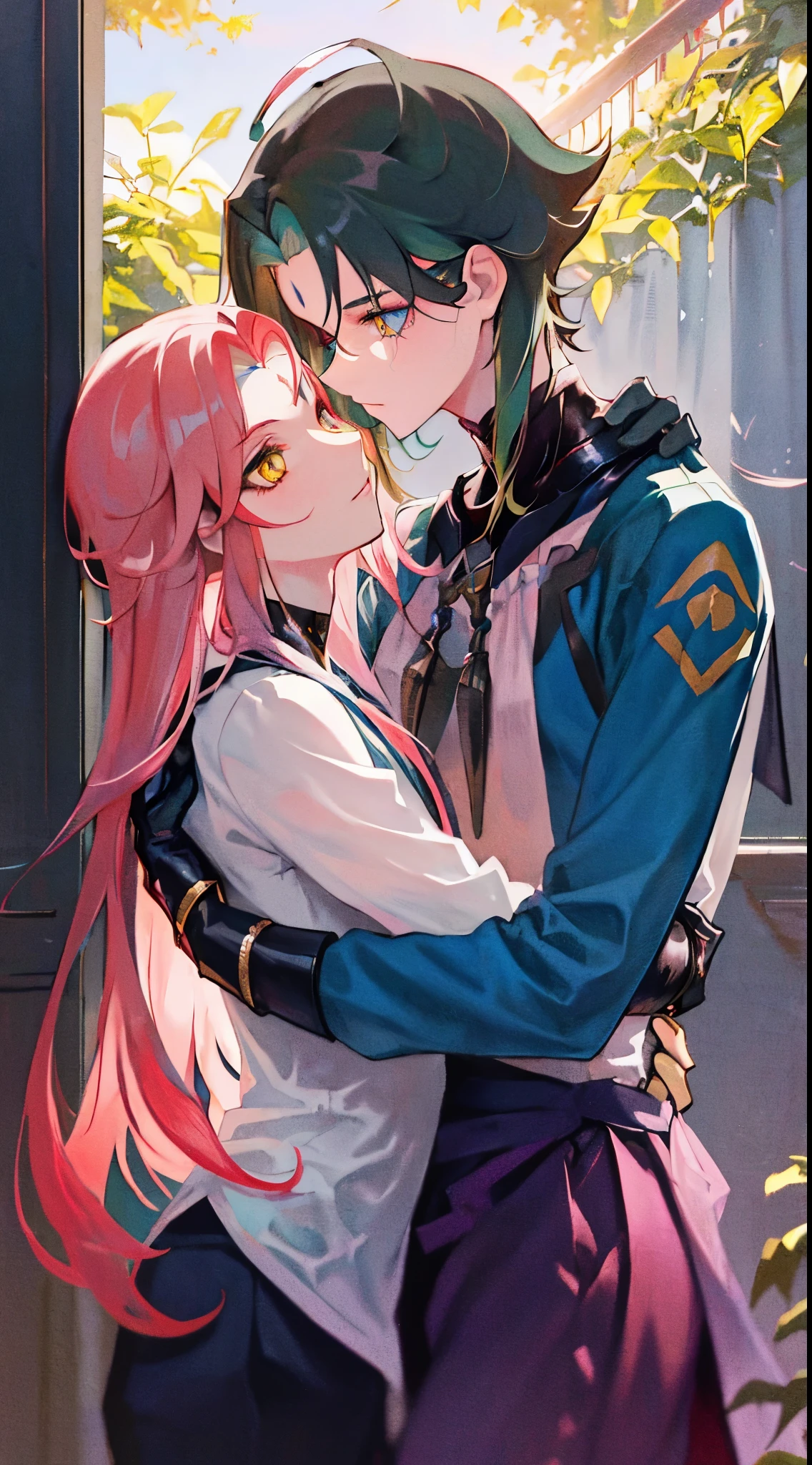 A couple of anime characters hugging each other in front of a window -  SeaArt AI