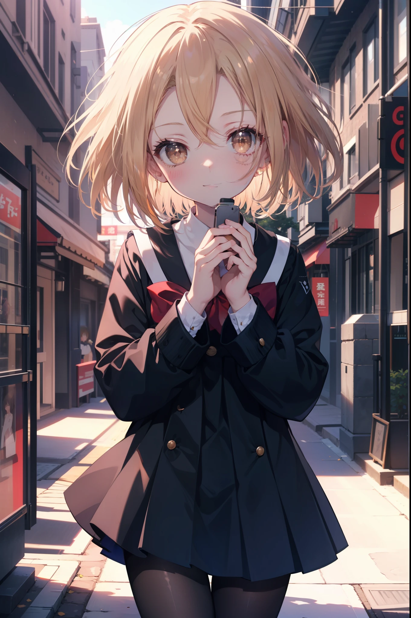 annakyouyama, anna kyouyama, blonde hair, short hair, (brown eyes:1.7),smile,blush,black long sleeve sailor uniform,black pleated skirt,White pantyhose,black loafers,walking,Asahi,朝
break looking at viewer, whole body,
break outdoors, In town,building street,
break (masterpiece:1.2), highest quality, High resolution, unity 8k wallpaper, (figure:0.8), (detailed and beautiful eyes:1.6), highly detailed face, perfect lighting, Very detailed CG, (perfect hands, perfect anatomy),