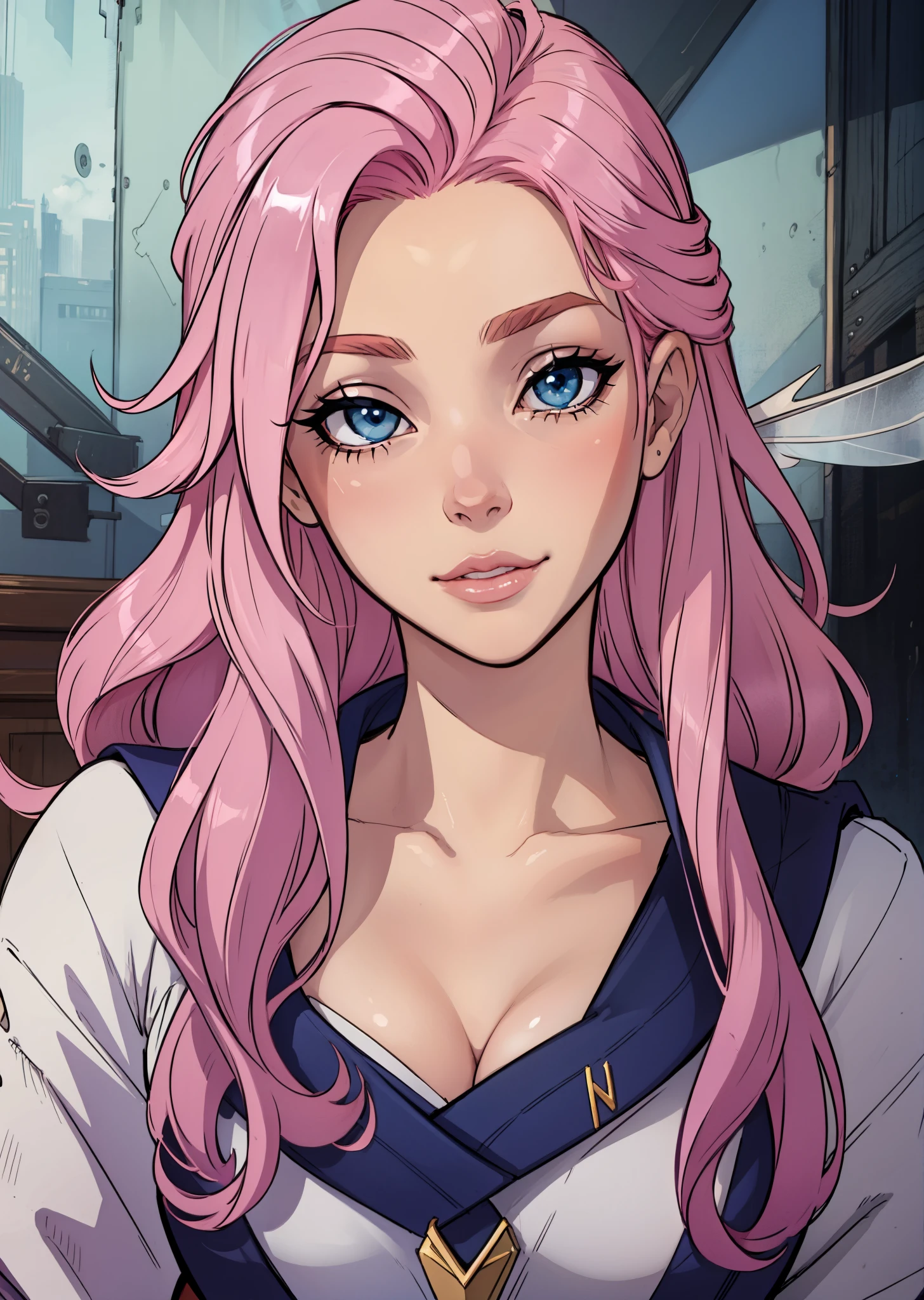 best quality, face portrait, masterpiece, seraphine, pink hair, blue eyes