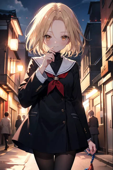 annakyouyama, anna kyouyama, blonde hair, short hair, (brown eyes:1.7),smile,blush,prayer beads,beads,black long sleeve sailor u...