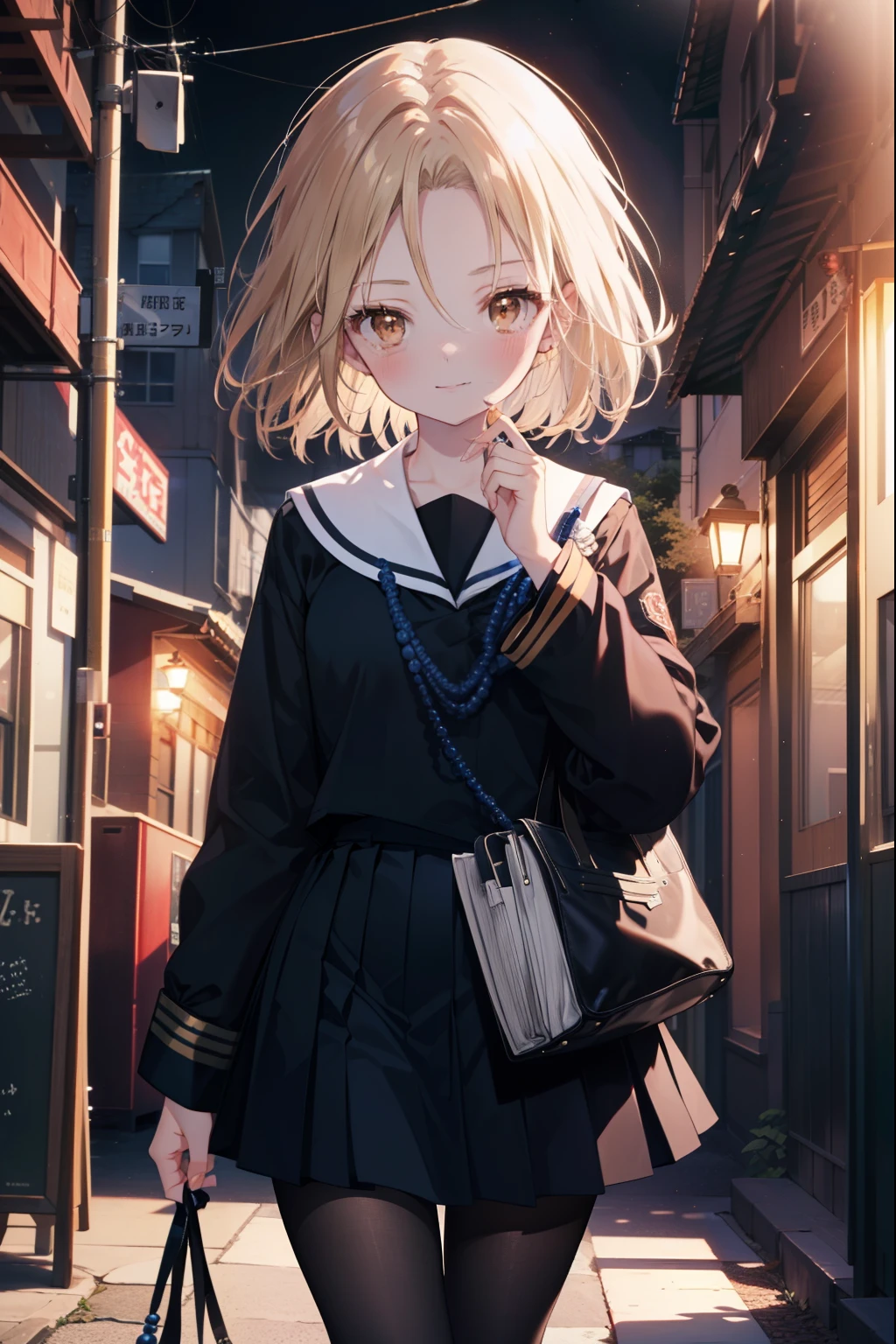 annakyouyama, anna kyouyama, blonde hair, short hair, (brown eyes:1.7),smile,blush,prayer beads,beads,black long sleeve sailor uniform,black pleated skirt,White pantyhose,black loafers,walking,Asahi,朝
break looking at viewer, whole body,
break outdoors, In town,building street,
break (masterpiece:1.2), highest quality, High resolution, unity 8k wallpaper, (figure:0.8), (detailed and beautiful eyes:1.6), highly detailed face, perfect lighting, Very detailed CG, (perfect hands, perfect anatomy),