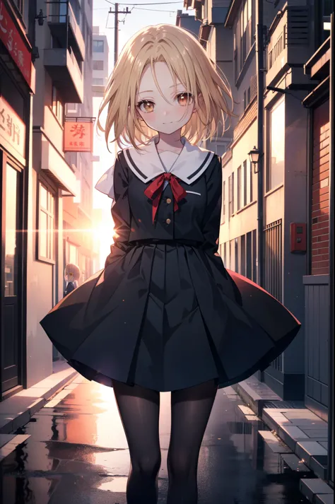 annakyouyama, anna kyouyama, blonde hair, short hair, (brown eyes:1.7),smile,blush,black long sleeve sailor uniform,black pleate...