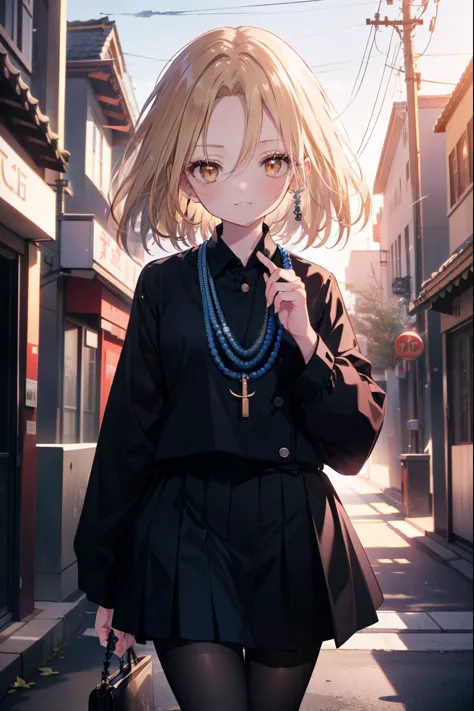 annakyouyama, anna kyouyama, blonde hair, short hair, (brown eyes:1.7),smile,blush,prayer beads hanging around my neck,black lon...