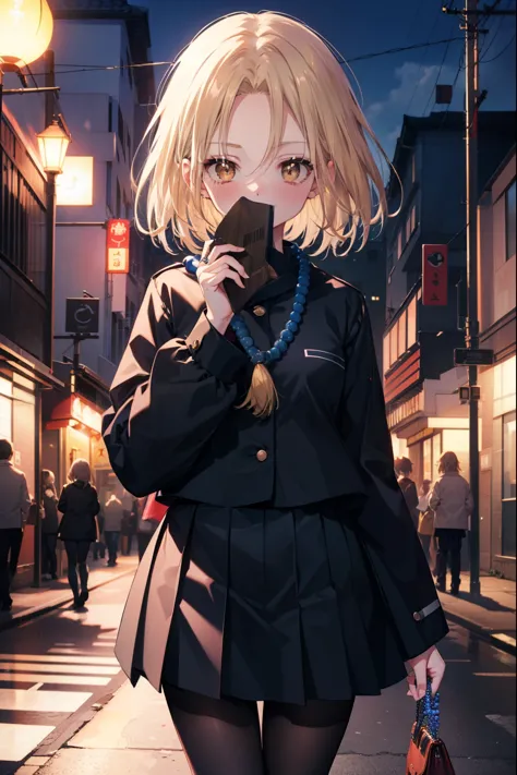 annakyouyama, anna kyouyama, blonde hair, short hair, (brown eyes:1.7),smile,blush,prayer beads hanging around my neck,black lon...