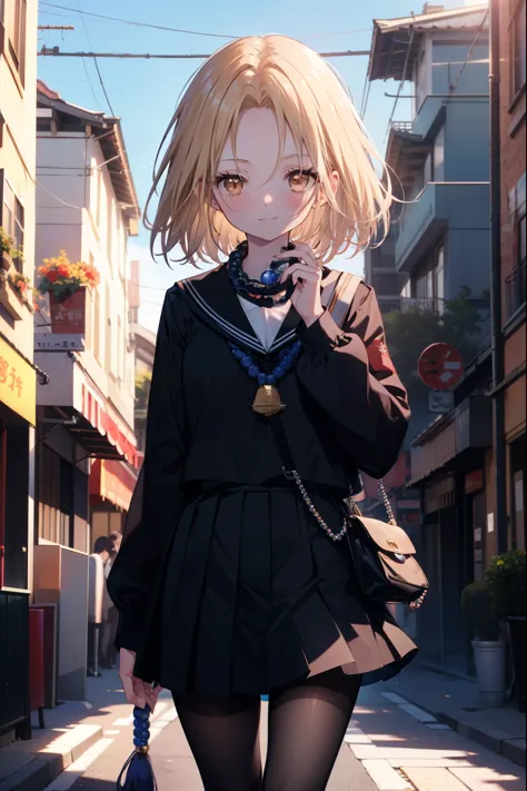 annakyouyama, anna kyouyama, blonde hair, short hair, (brown eyes:1.7),smile,blush,prayer beads hanging around my neck,black lon...