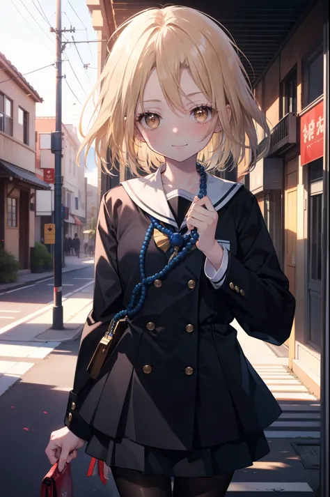 annakyouyama, anna kyouyama, blonde hair, short hair, (brown eyes:1.7),smile,blush,prayer beads:1 hanging around his neck,black ...