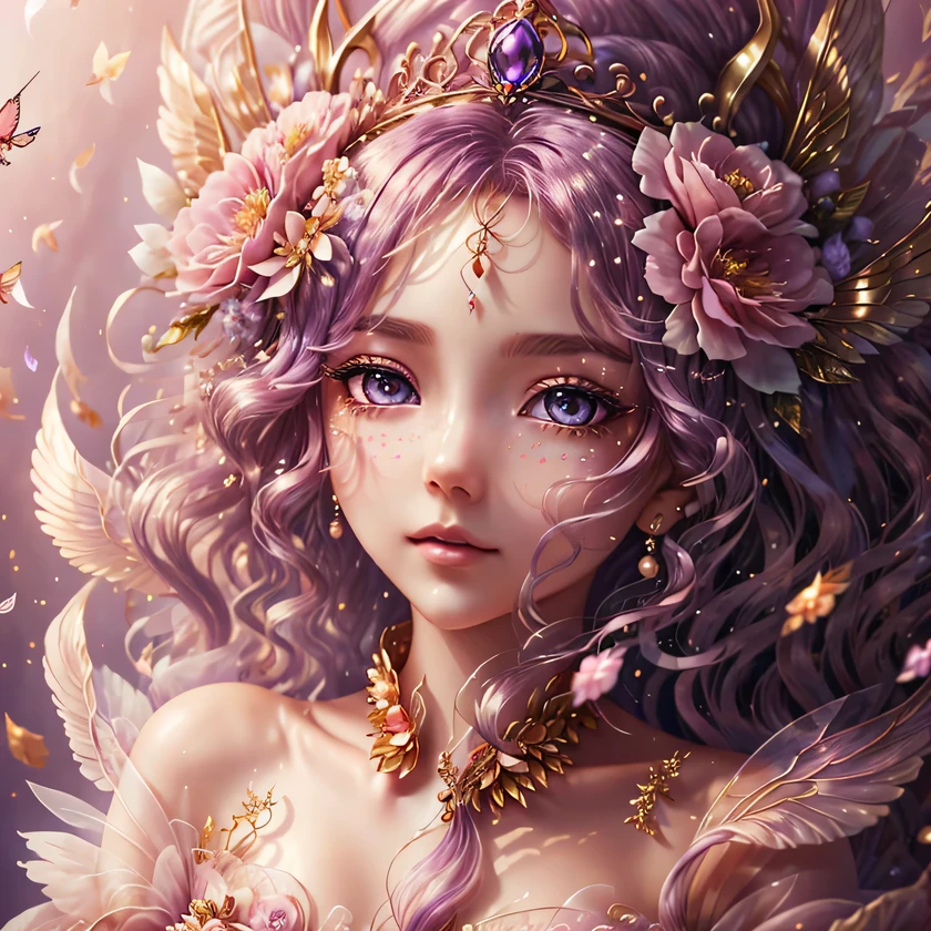 Generate a delicate flower princess in an ethereal grove of flowers. Include floating feathers and ribbons and highly detailed and delicate gilded butterflies. She has a highly detailed face with big, intricate eyes, puffy lips, and gossamer wings. Her wings are iridescent and translucent. She has a crown of multicolored and differently sized flowers. HC_gowns of silk, satin, and pearls. Her eyes are large, 8k eyes, hires eyes, beautiful detailed eyes, beautiful detail eyes, realistic eyes, distinct eyes, and colorful eyes. Include shimmering liquid gold. Ethereal ambience, dreamy color school, dreamy style, lots of pink and pale lilac colors. Background should be pretty with shades of pink and purple and soft blue. Lighting: Hazy and dreamy. Camera: utilize dynamic composition to create a soft, ethereal image. Realistic hair texture, realistic skin texture