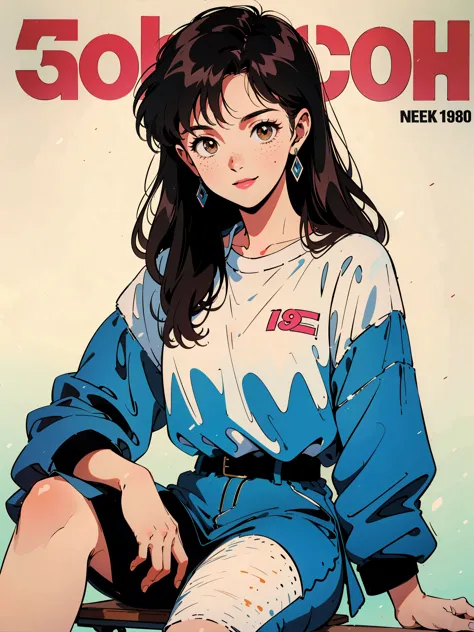 the highest quality, 8k, 1980s style, 21 year old girl, black hair, long hair, light brown eyes, skin white as snow, freckles on cheeks,  wearing 1980s clothes , White background, magazine cover style, whole body, sitting on a school chair, smiling, 