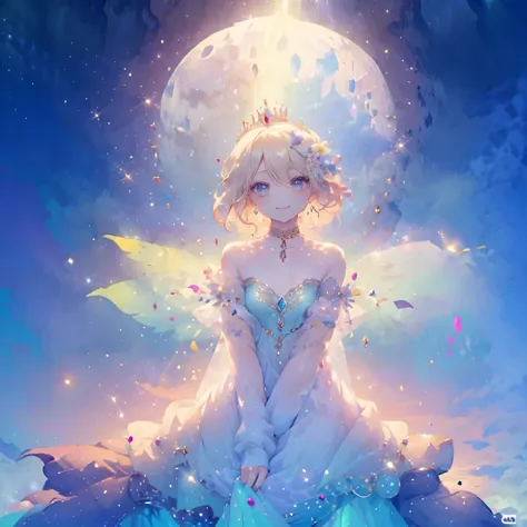 (highest quality, masterpiece, Super detailed, very detailed, exquisite, 16k,Full HD),A little closer,golden ratio,dramatic lighting,pastel colour,moonlight, looks fun,fly in the sky,soft lighting, ((alone:1.5)),full moon,starry sky,meteor群,meteor,From abo...