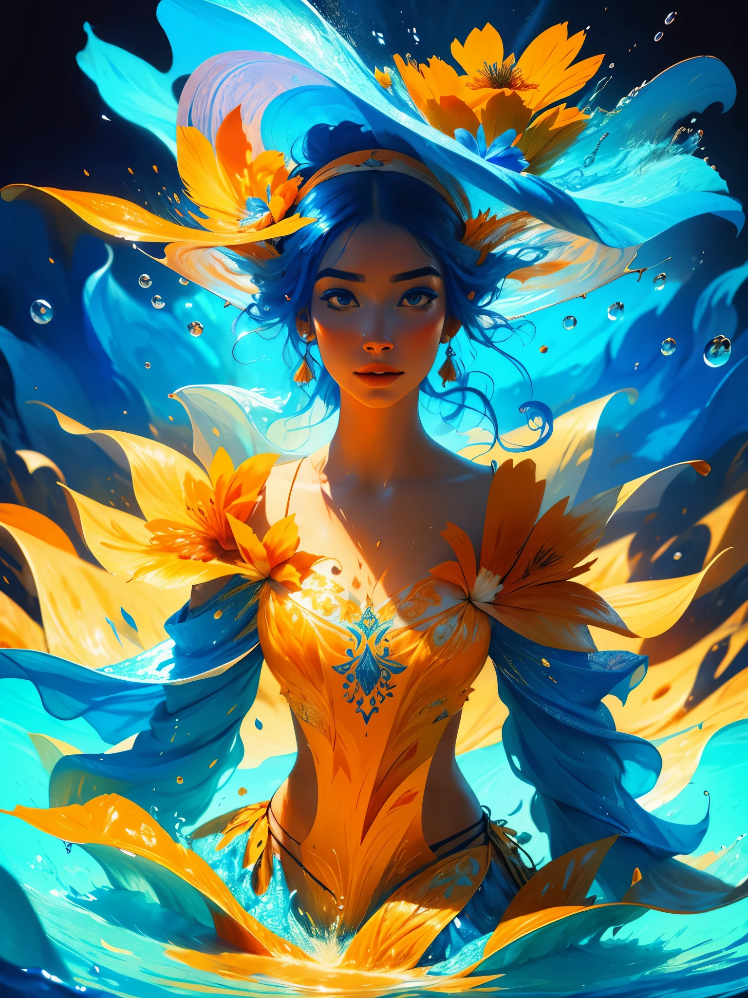 Retrato de jovem com chapéu de flor, maquiagem, Explosão de respingo de líquido, laranja, azul, altamente detalhado, fundo fantasia, ilustração, foco nitído, iluminação dramática, tendências na artstation, cinematográfico, 8K, arte conceitual, elegante, reflexões