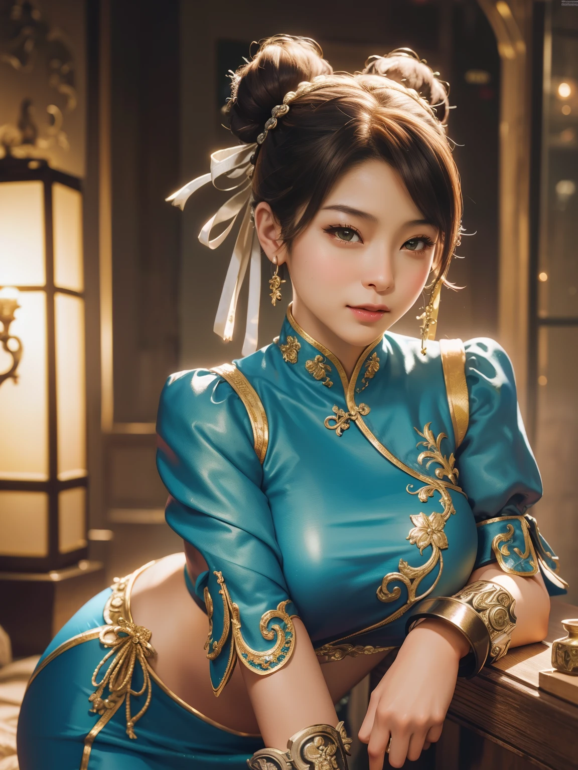 (Obra de arte), (mais alta qualidade), Resolução 8k, Super detalhado, Muito detalhado, realista, Fotografia, fotorrealismo, (1 garota), Chunli, Fantasia Chunli, Corpo perfeito, Sorriso, Fotografiaのポーズをとる