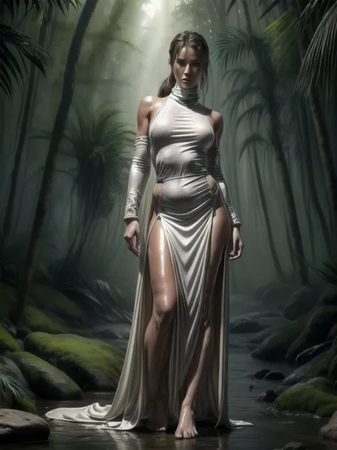 (Digital Art medieval style) athletic white clean shiny wet oiled oily soaked clinging dress wet Lara Croft white revealing lowi...