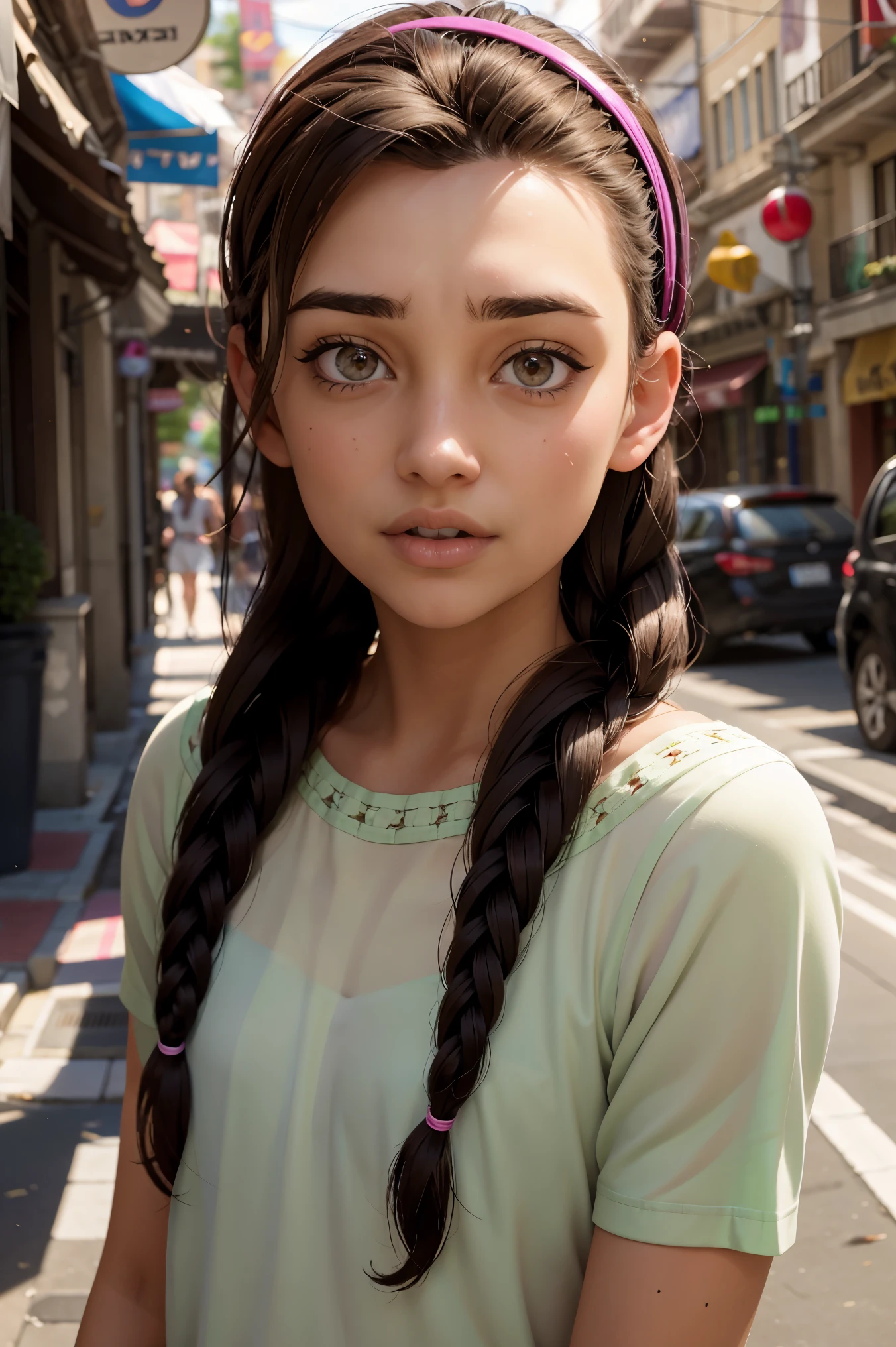 An impressive and intricate full color portrait, Ultra-HD a 13 year old girl, brown hair with 2 braids, brown eyes, pink headband, detailed face, dressed in a light green t-shirt with embroidery on the neck, no logos, epic character composition, alessio albi, nina masic, sharp focus, natural lighting, subsurface dispersion, f2, 35mm,,