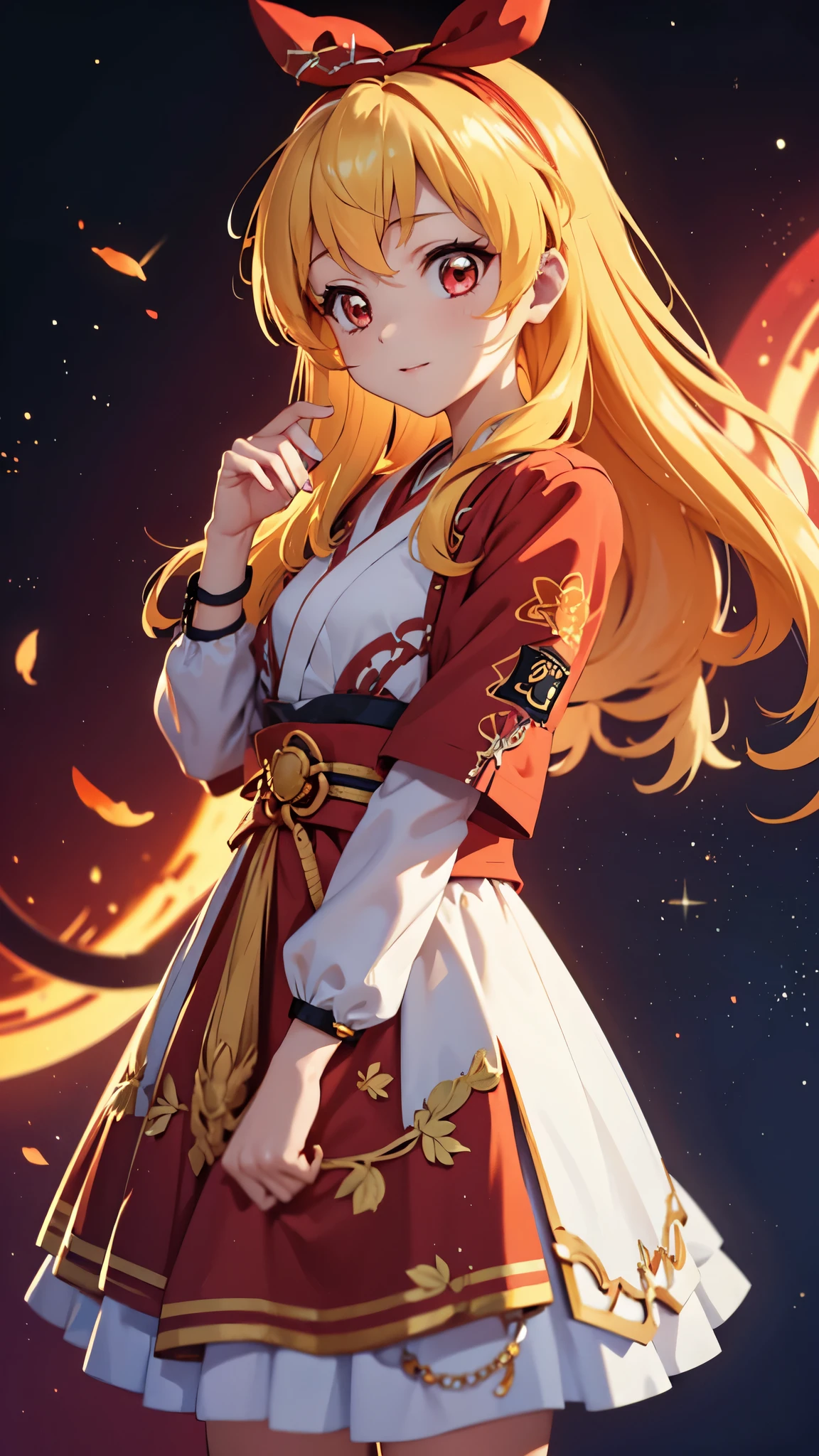 best quality, ultra detailed 8k cg render, masterpiece, high resolution, extremely detailed,
voluptuous beauty SAMURAI girl,upper_body,
Small breasts,
, blonde hair, RED eyes,
gold White mix color SAMURAI armor,kimono Jacket
RED hair bund,
universe,outer space,
Venus planet,
bubble image,
persona face,Ichigo Hoshimiya (Aikatsu!)