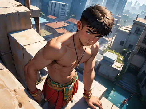 There is a 15-year-old boy dressed in Indian tribal costumes, shirtless, sadly observing a modern city from above., esta perdido asustado  , biste ropas tribales indias , su piel es de color blanca ojos azules
