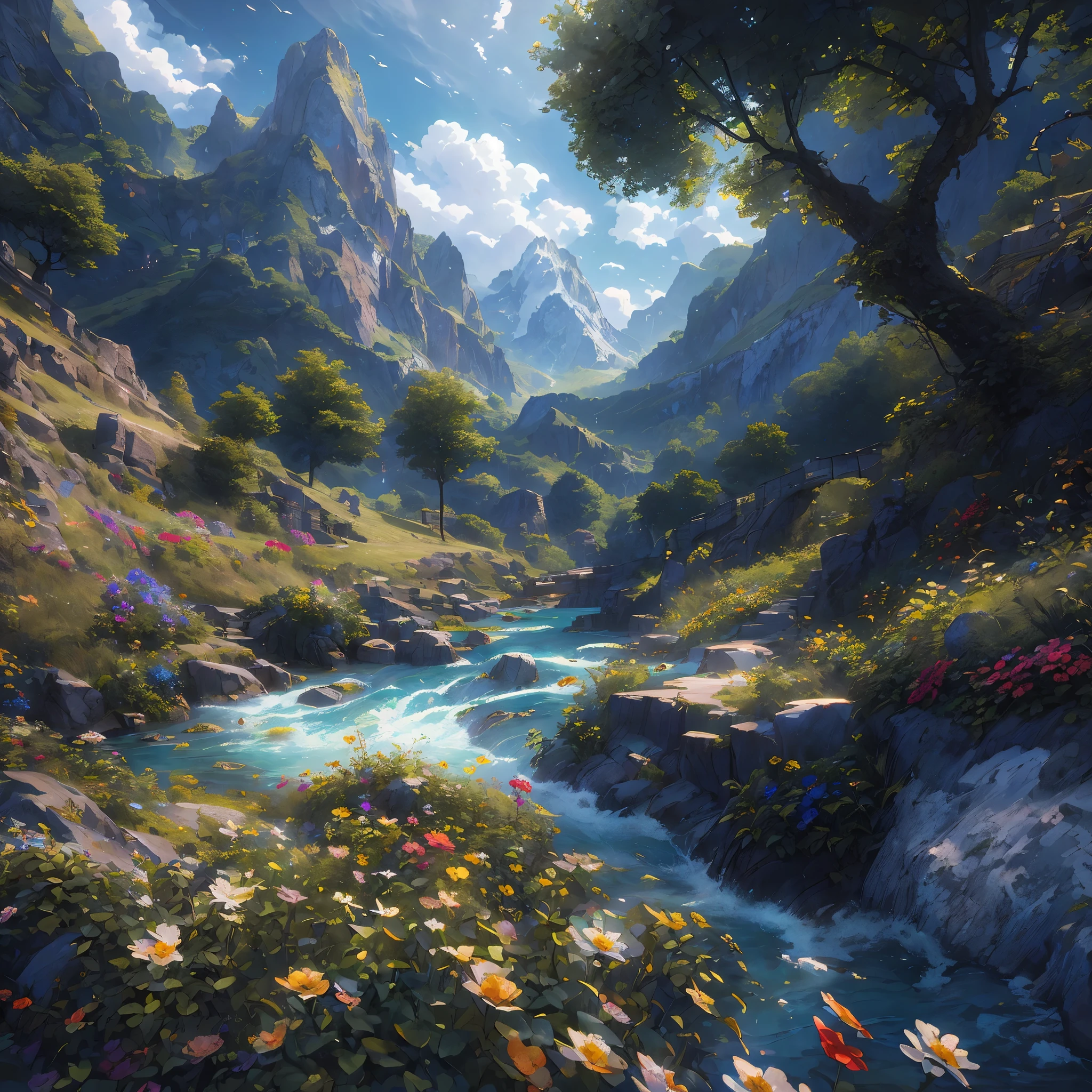 (master piece) artwork, best quality, high quality, extremely detailed CG unity 8k wallpaper, Scenery, outdoor, Sky, cloud, day, no humans, flower fields, mountain, magical rivers, Landscape, water, tree, lush forests, blue sky, waterfall, cliff, nature, lake, river, cloudy sky, award-winning photography, bokeh, depth of field, hdr, flourish, chromatic aberration, photorealistic, extremely detailed, trends on Artstation, trends on CGSociety, intricate, High detail, dramatic, mid-journey art