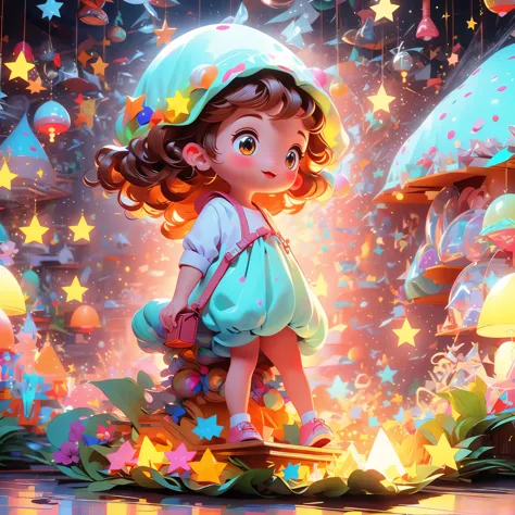 a little girls picture, interacting with glowing stars, mystical magical, 