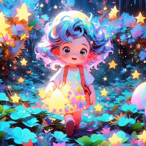 a little girls picture, interacting with glowing stars, mystical, magical, cute.