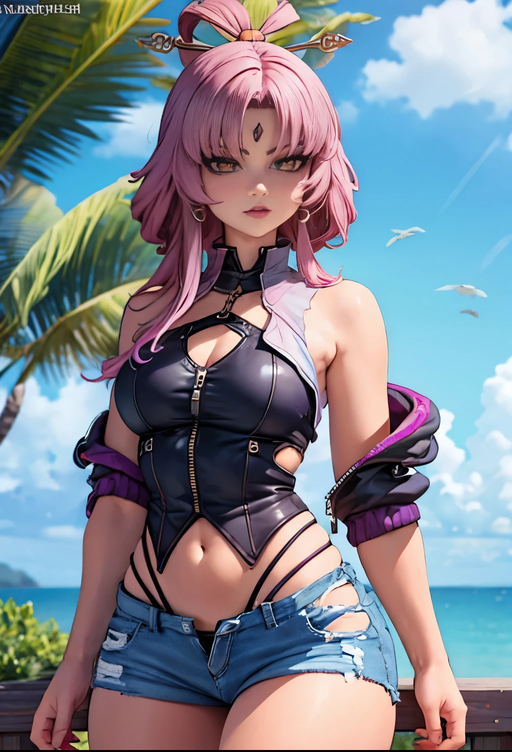 Slim figure，ripped jeans，having fun，Mesh garment，Chest open，Exposing the abdomen，Cocked buttocks，Fleshy thighs，Purple shawl，Masterpiece，Brilliant sunshine，Ocean Garden，Above the sky，Comic cover style，Comic title,tmasterpiece， High- sharpness， high high quality， Detailed face， detailed body render， 1girll， solo， Hinata sleeveless clothing， sleeveless shirts， Fishing net clothing， Dark lips， Unzipped jacket，
