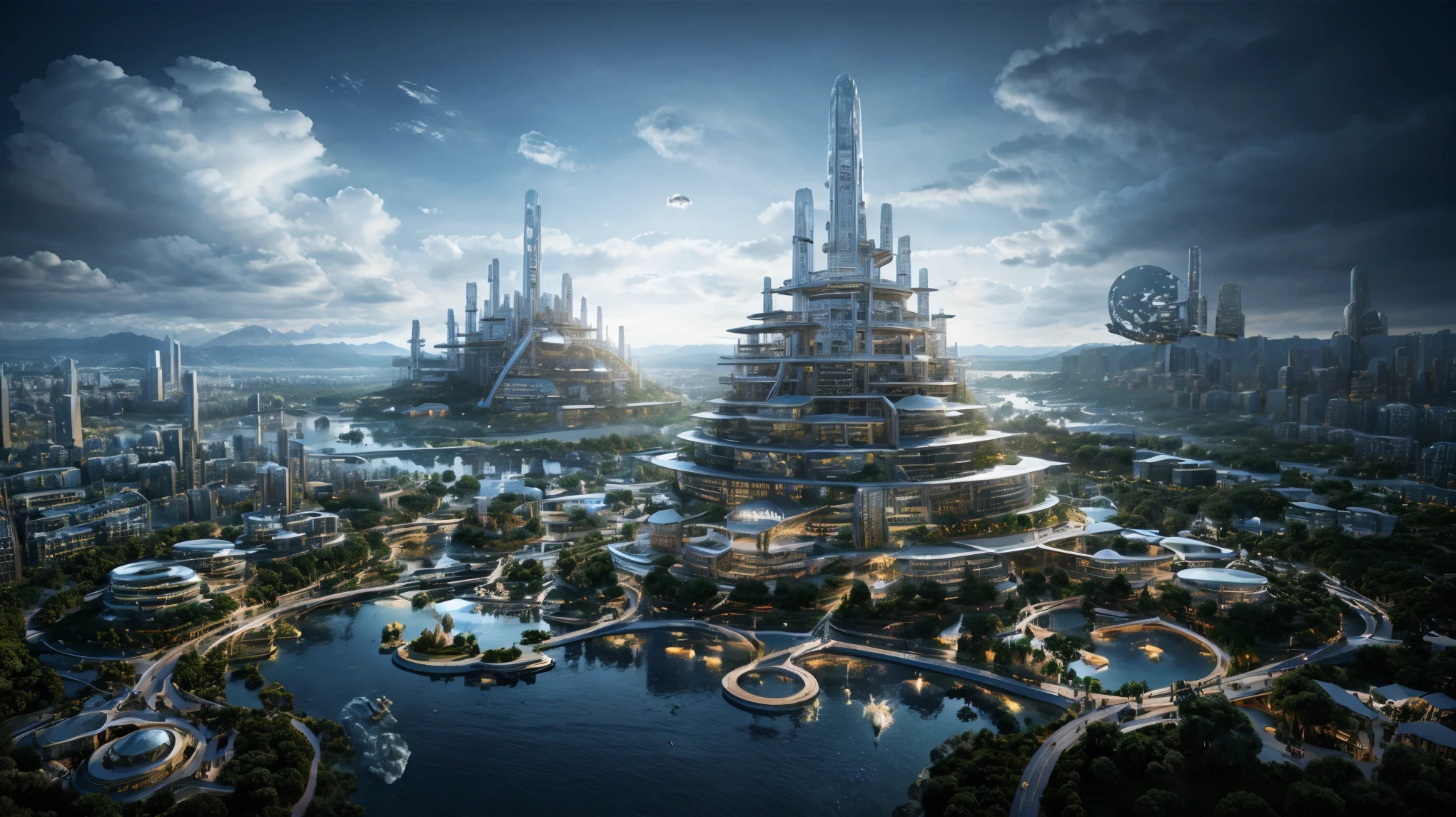 (An island city floating in the clouds),(sky cities), Fantasy style, a 3D render, futuristic utopian fantasy, Future Style, beeple style,planetary city, futuristic utopia,Contains various ancient buildings,a plant,Colorful lights,ultra - detailed,actual,Vast clouds and stars,looking from above, night background roof,rays of moonlight,natta,Background with,ancient buildings of China,misty mountains,contours,8K