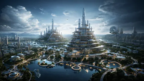 (An island city floating in the clouds),(sky cities), Fantasy style, a 3D render, futuristic utopian fantasy, Future Style, beep...