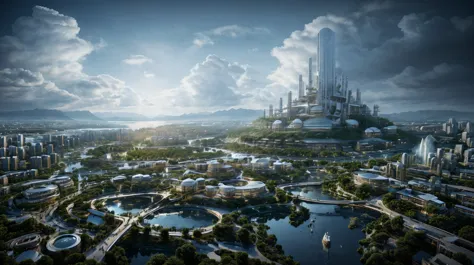 (An island city floating in the clouds),(sky cities), Fantasy style, a 3D render, futuristic utopian fantasy, Future Style, beep...