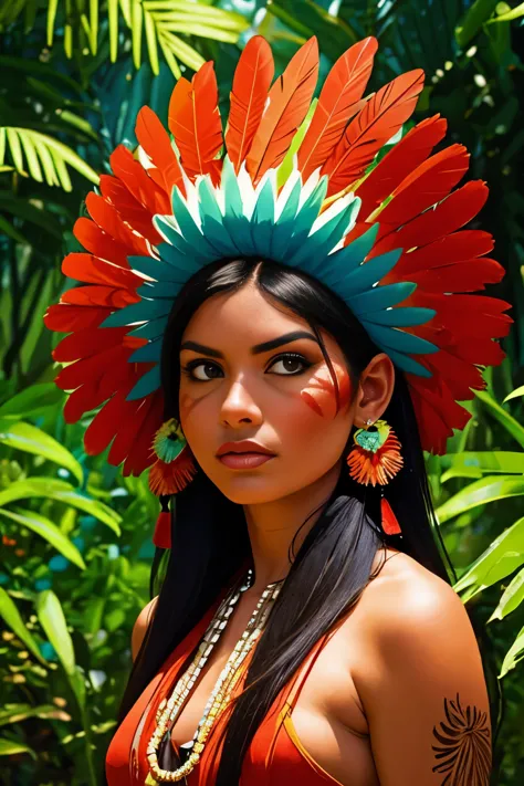 SFW. ((RAW photo, Best quality)), (Realistic, photo-realistic:1.2). A beautiful indigenous girl in native dress with feathers an...