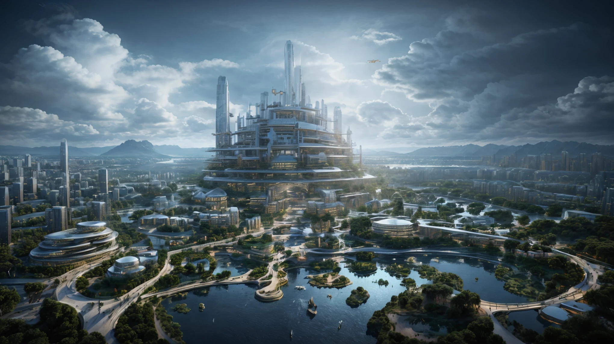 (An island city floating in the clouds),(sky cities), Fantasy style, a 3D render, futuristic utopian fantasy, Future Style, beeple style,planetary city, futuristic utopia,Contains various ancient buildings,a plant,Colorful lights,ultra - detailed,actual,Vast clouds and stars,looking from above, night background roof,rays of moonlight,natta,Background with,ancient buildings of China,misty mountains,contours,8K