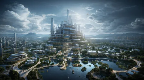 (An island city floating in the clouds),(sky cities), Fantasy style, a 3D render, futuristic utopian fantasy, Future Style, beep...