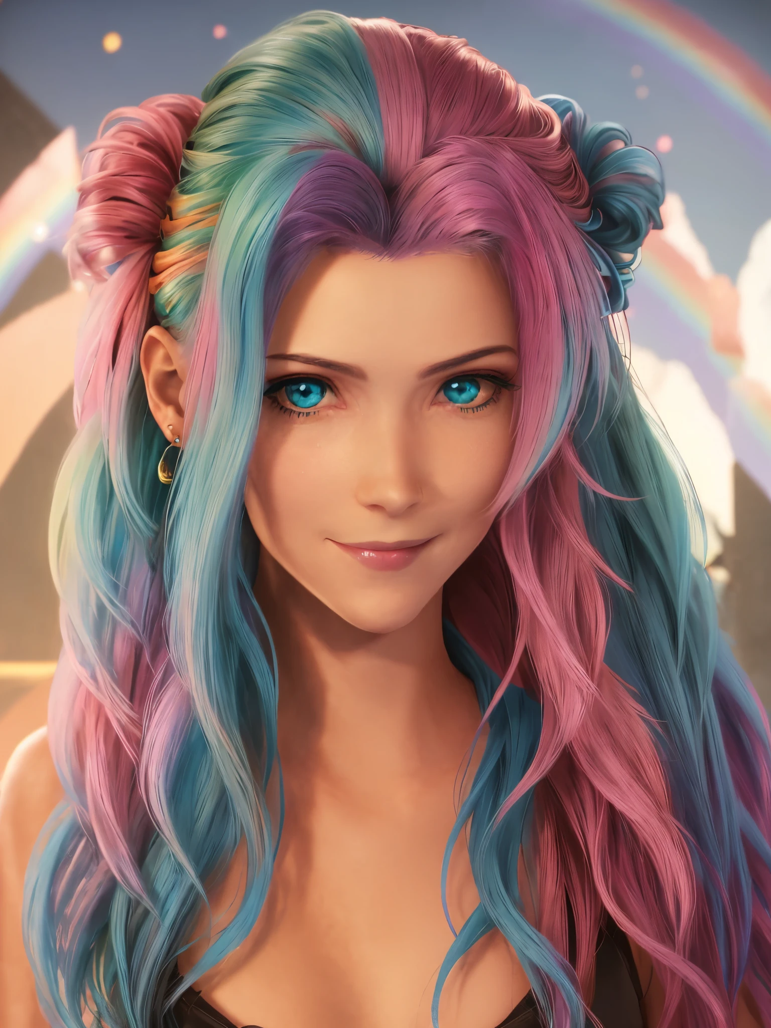 (masterpiece), (((best quality)), (super detailed), 1 girl, (rainbow colored hair, Colorful hair, half blue half pink hair: 1.2), 20 years old, (yukexista: 1.2), outdoor, Bangs, Smile, sky blue eyes, perfect hands, perfect hands, Hand details, Correct fingers. earrings, Snow mountain background, watching_exist_audience, full-body shot，wearing underwear， top quality, Rich details, Perfect image quality,