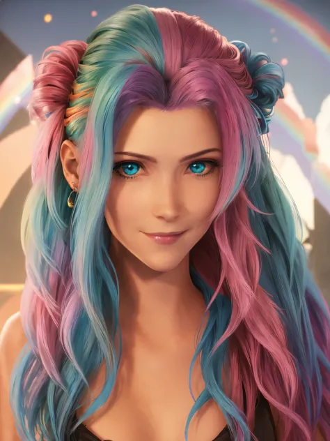 (masterpiece), (((best quality)), (super detailed), 1 girl, (rainbow colored hair, colorful hair, half blue half pink hair: 1.2)...