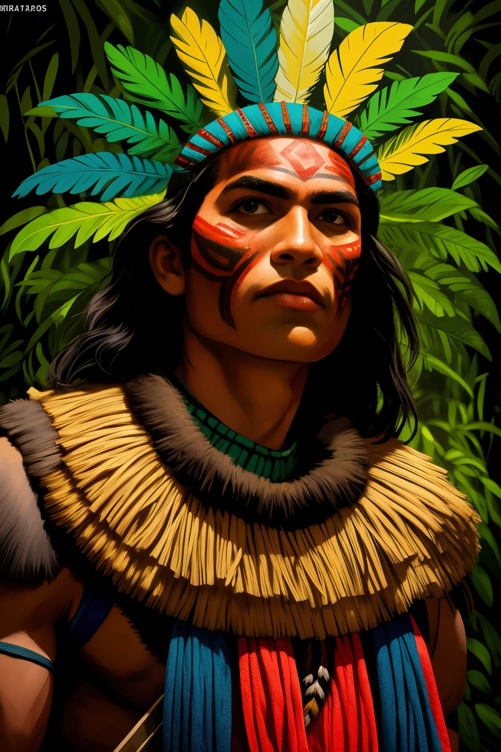 um close up de um homem com um cocar emplumado e uma pintura facial, homem indigenous, povos indigenouss amazônicos no brasil, ayahuasca shaman, Retrato de um guerreiro, marcas tribais faciais, pintura do rosto do guerreiro vermelho, indigenous, pintura facial tribal, usando tinta de guerra, Retrato de um guerreiro masculino, usando armadura tribal, pinturas tribais do rosto, anthropological photography, 16K, high definition, rosto detalhado, rosto detalhado, olhos detalhados, terno detalhado, Estilo DC, hiper-realista, + cinematic photo + Dynamic Composition, incrivelmente detalhado, nitidez, detalhes + detalhes soberbos + noite com luz + perfeccionismo + realismo premiado ((soft lighting))