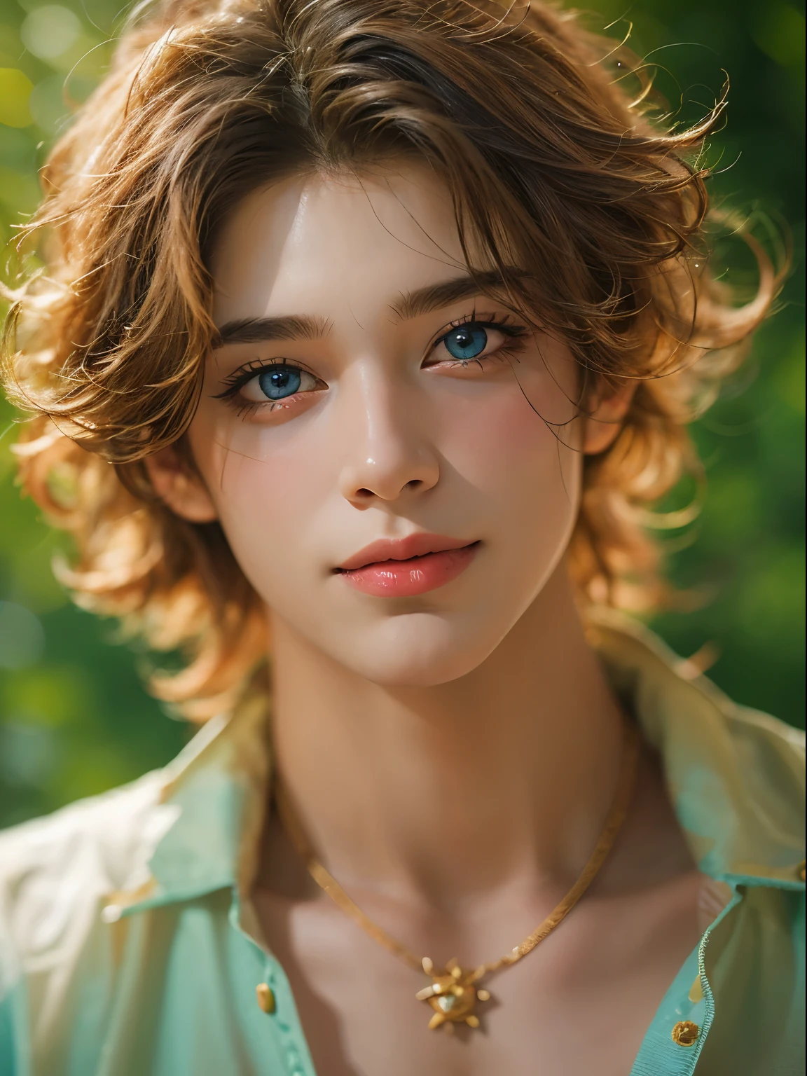 Portrait of the highest quality - 1 boy., 17 years, teenage, light brown long hair, with golden strands, azure blue big eyes, lake, Solo-focal facial treatment for teenagers, white shirt unbuttoned, exposing large convex breasts and huge and long nipples on the chest ! Beautiful, smiling, Realistic, The dynamic pose is realistic.., detailed and correct facial structure, Beautiful, extremely detailed, Dynamic angle, cowboy shot, The Most Beautiful Shape, elegant, Bright colors, romanticism, atmospheric. Bright, contrasting colors ! photo portrait of a handsome boy in the highest quality !