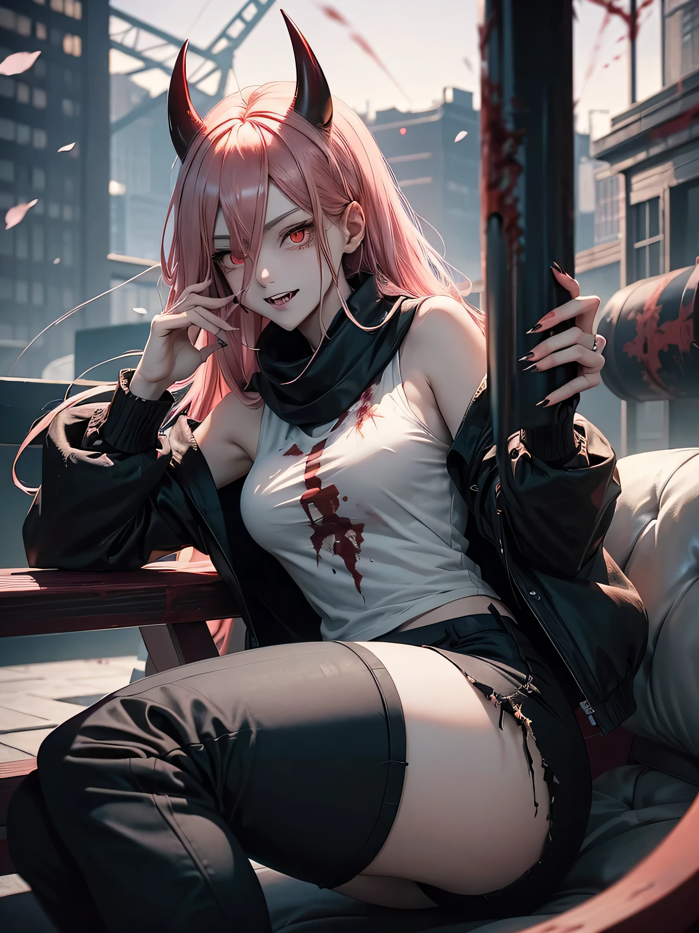 Anime girl with pink hair sitting on a bench in a city - SeaArt AI