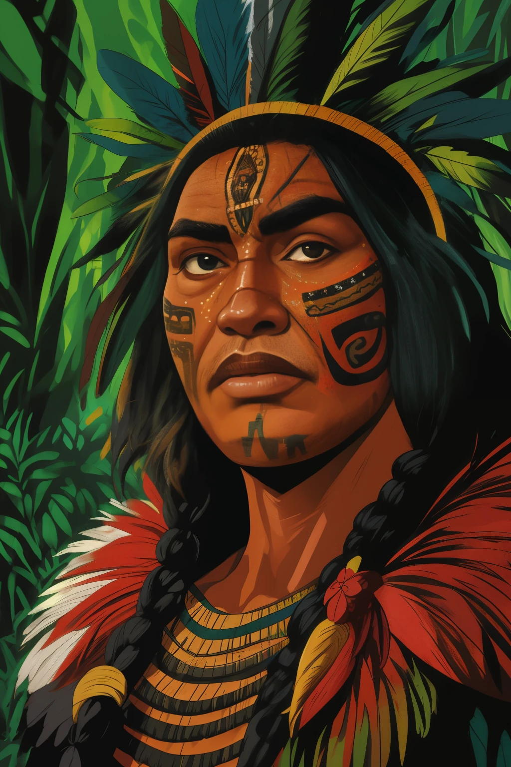 un primer plano de un hombre con un tocado de plumas y pintura facial, homem Indígena, povos Indígenas amazônicos no brasil, ayahuasca shaman, Retrato de un guerrero, marcas tribales faciales, pintura de cara de guerrero rojo, Indígena, pintura facial tribal, usando tinta de guerra, Retrato de un guerrero masculino, usando armadura tribal, pinturas faciales tribales, fotografía antropológica, 16k, alta definición, cara detallada, cara detallada, ojos detallados, traje detallado, Estilo DC, hiper-realista, + foto cinematográfica + composición dinámica, increíblemente detallado, nitidez, detalles + detalles soberbos + noche con luz + perfeccionismo + realismo premiado ((iluminación suave))
