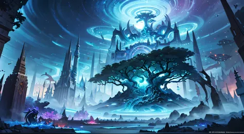 a painting of a tree in a forest，the background is a huge moon, world of warcraft art style, world of warcraft splash art, stunn...