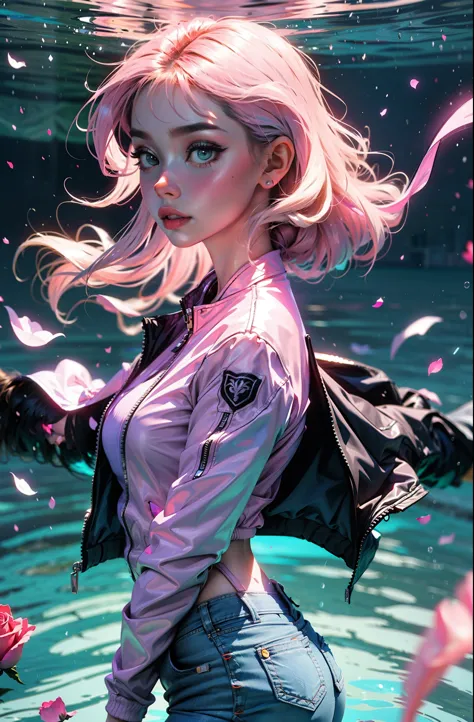 cyberpunk female woman wearing (Rose Quartz Pink Denim Jacket with chromatic accents:1.1), sleek full bodysuit, (Petal Blush,Lag...