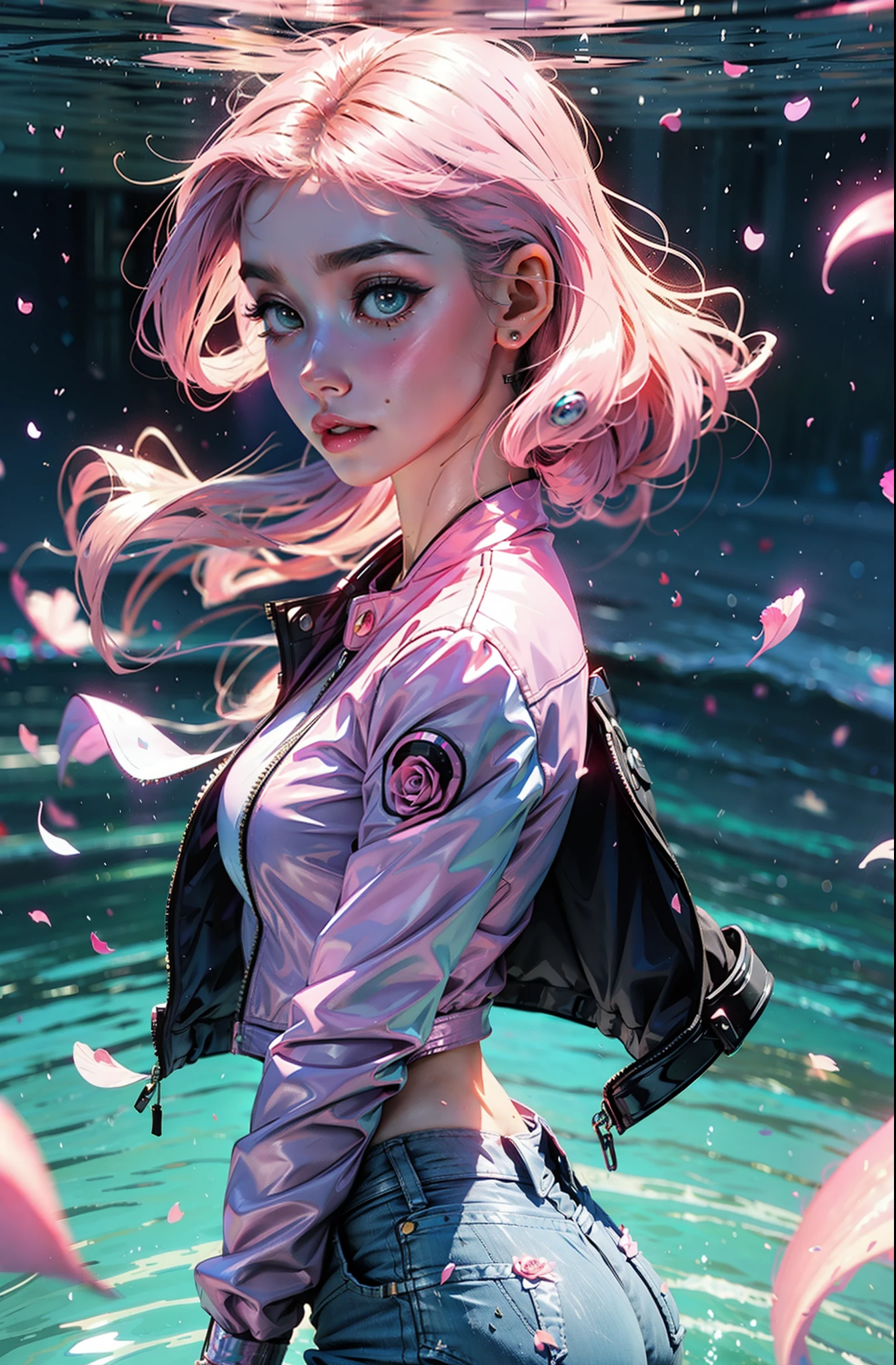 cyberpunk female woman wearing (Rose Quartz Pink Denim Jacket with chromatic accents:1.1), sleek full bodysuit, (Petal Blush,Lagoon Blue color background:1.3),