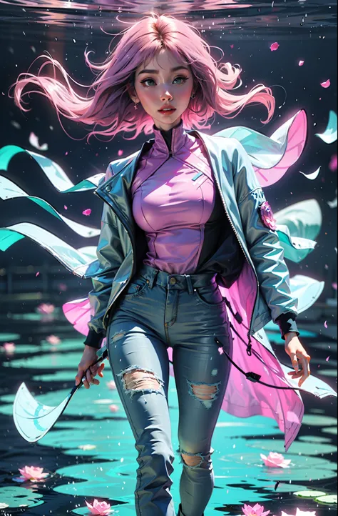 cyberpunk female woman wearing (Rose Quartz Pink Denim Jacket with chromatic accents:1.1), sleek full bodysuit, (Petal Blush,Lag...