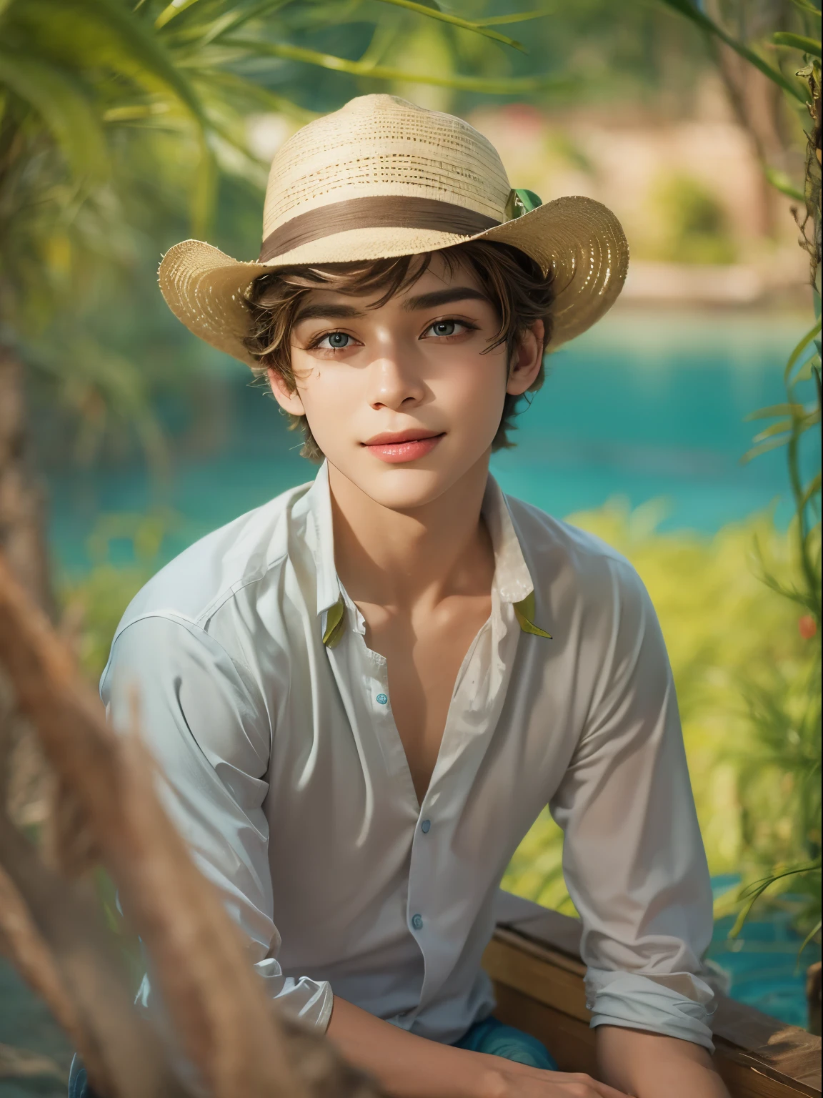 Portrait of the highest quality - 1 boy., 17 years, teenage, light brown short hair, with golden strands, azure blue big eyes, lake, Solo-focal facial treatment for teenagers, shirt unbuttoned, Beautiful, smiling, Realistic, The dynamic pose is realistic.., detailed and correct facial structure, Beautiful, extremely detailed, Dynamic angle, cowboy shot, The Most Beautiful Shape, elegant, Bright colors, romanticism, atmospheric. Bright, contrasting colors ! photo portrait of a handsome boy in the highest quality !